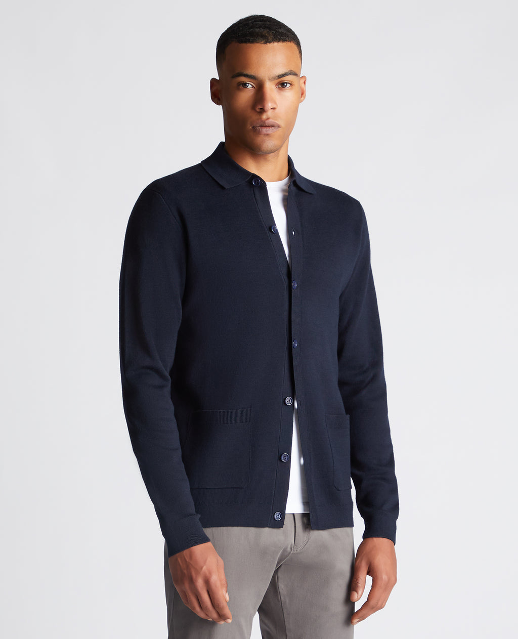 Long Sleeve Buttoned Polo Cardigan - Navy