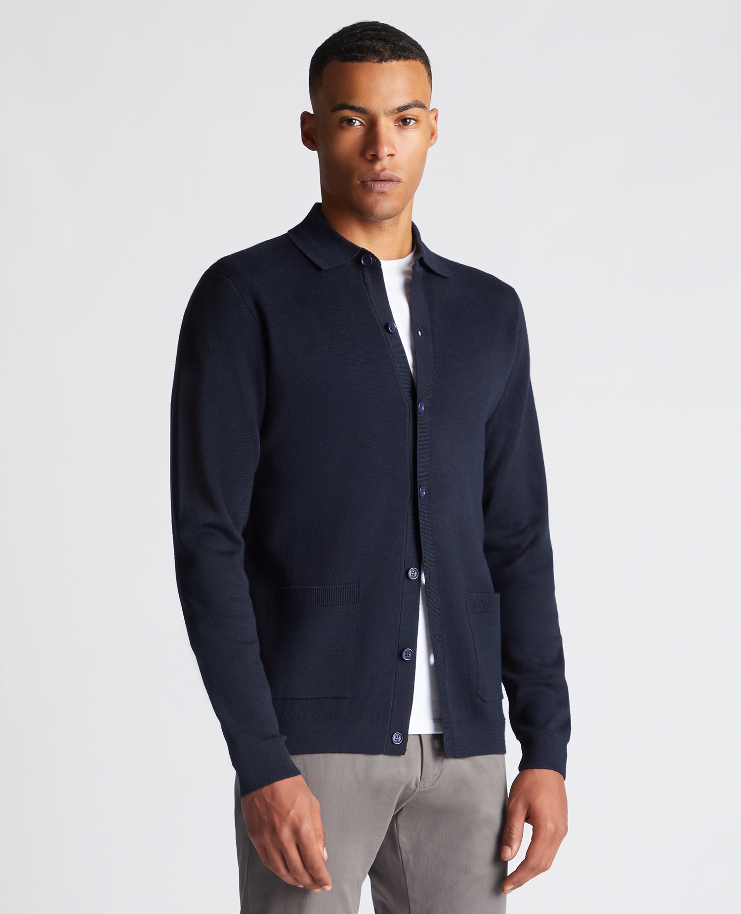 Long Sleeve Buttoned Polo Cardigan - Navy