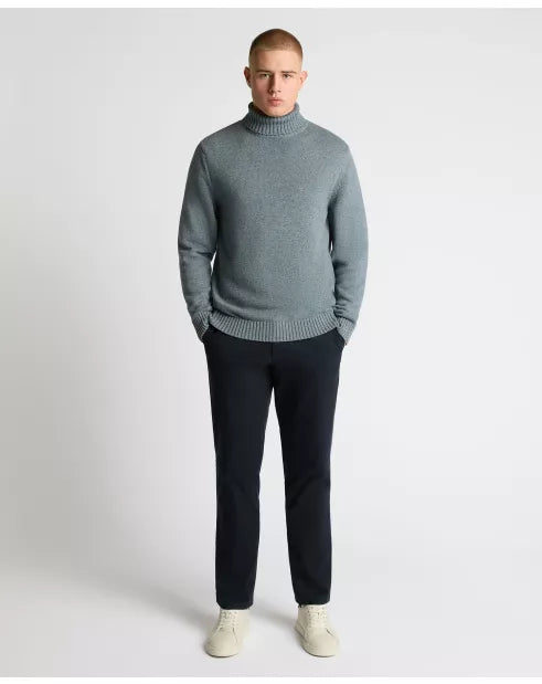 Roll Neck Cotton Knit Sweater - Blue