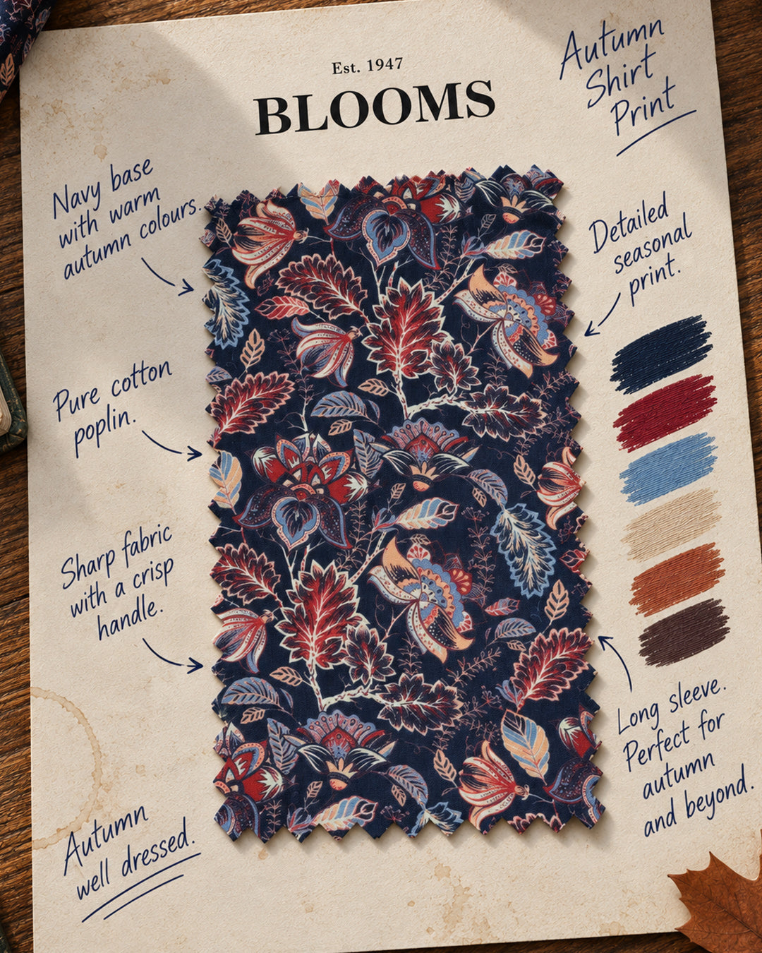 Autumn Floral Print Pure Cotton Shirt - Navy
