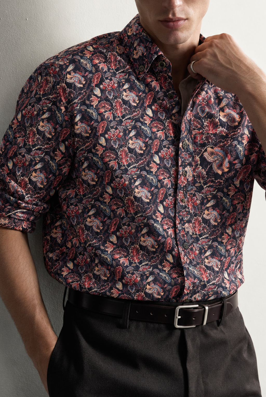 Autumn Floral Print Pure Cotton Shirt - Navy