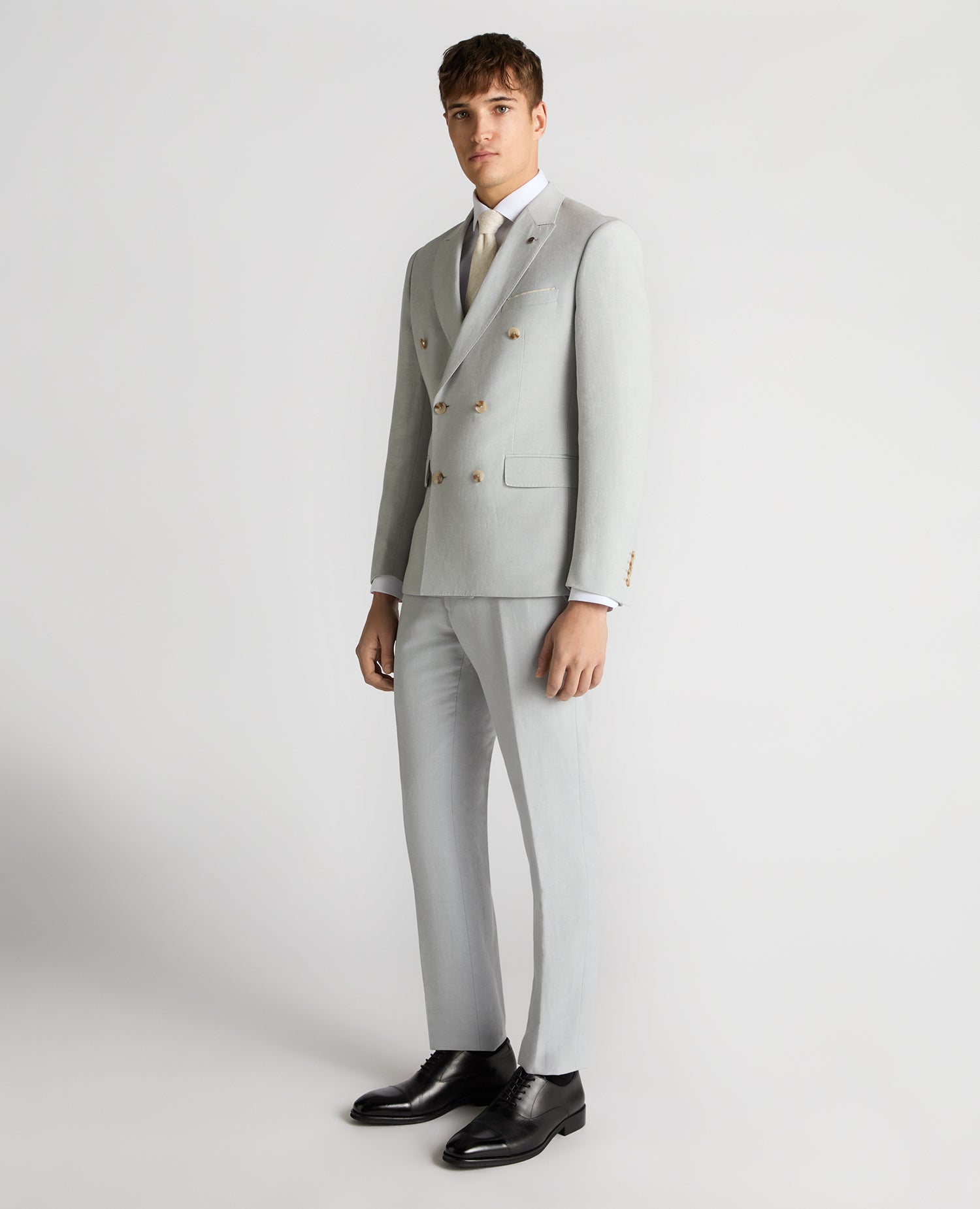 Double Breasted Slim Fit Linen-Blend Suit Jacket - Light Blue