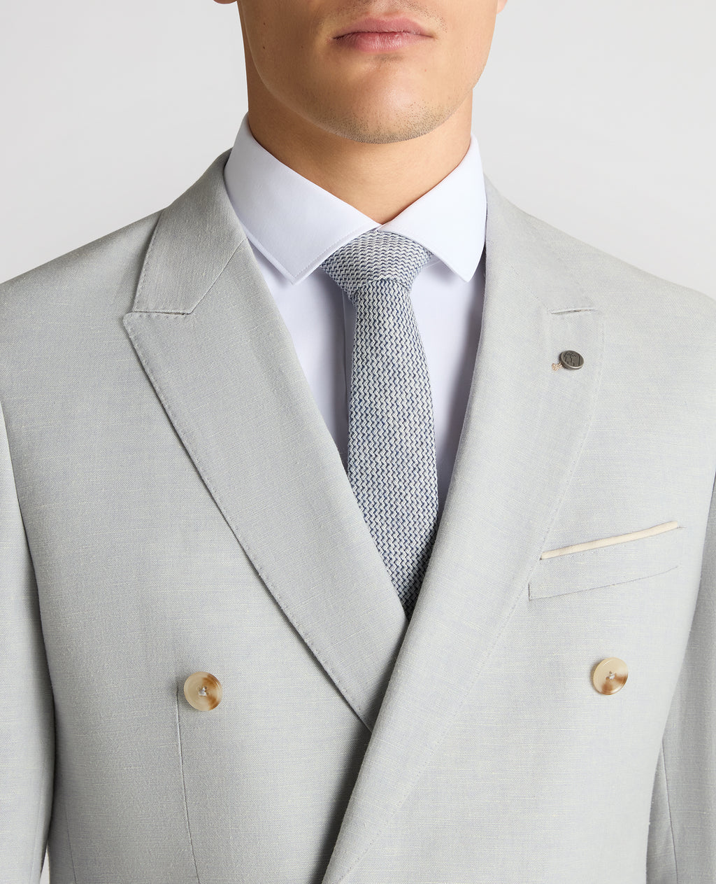 Double Breasted Slim Fit Linen-Blend Suit Jacket - Light Blue