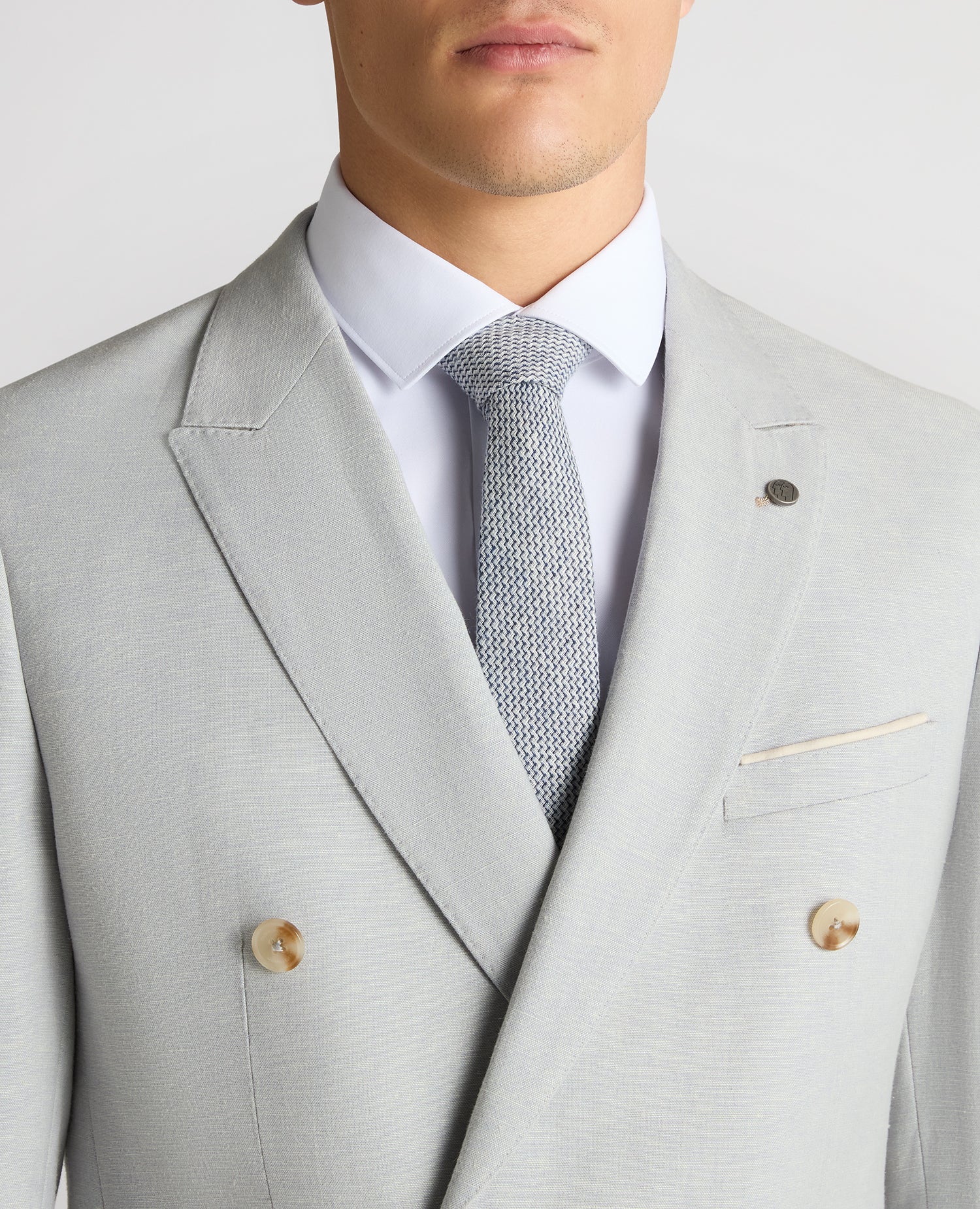 Double Breasted Slim Fit Linen-Blend Suit Jacket - Light Blue