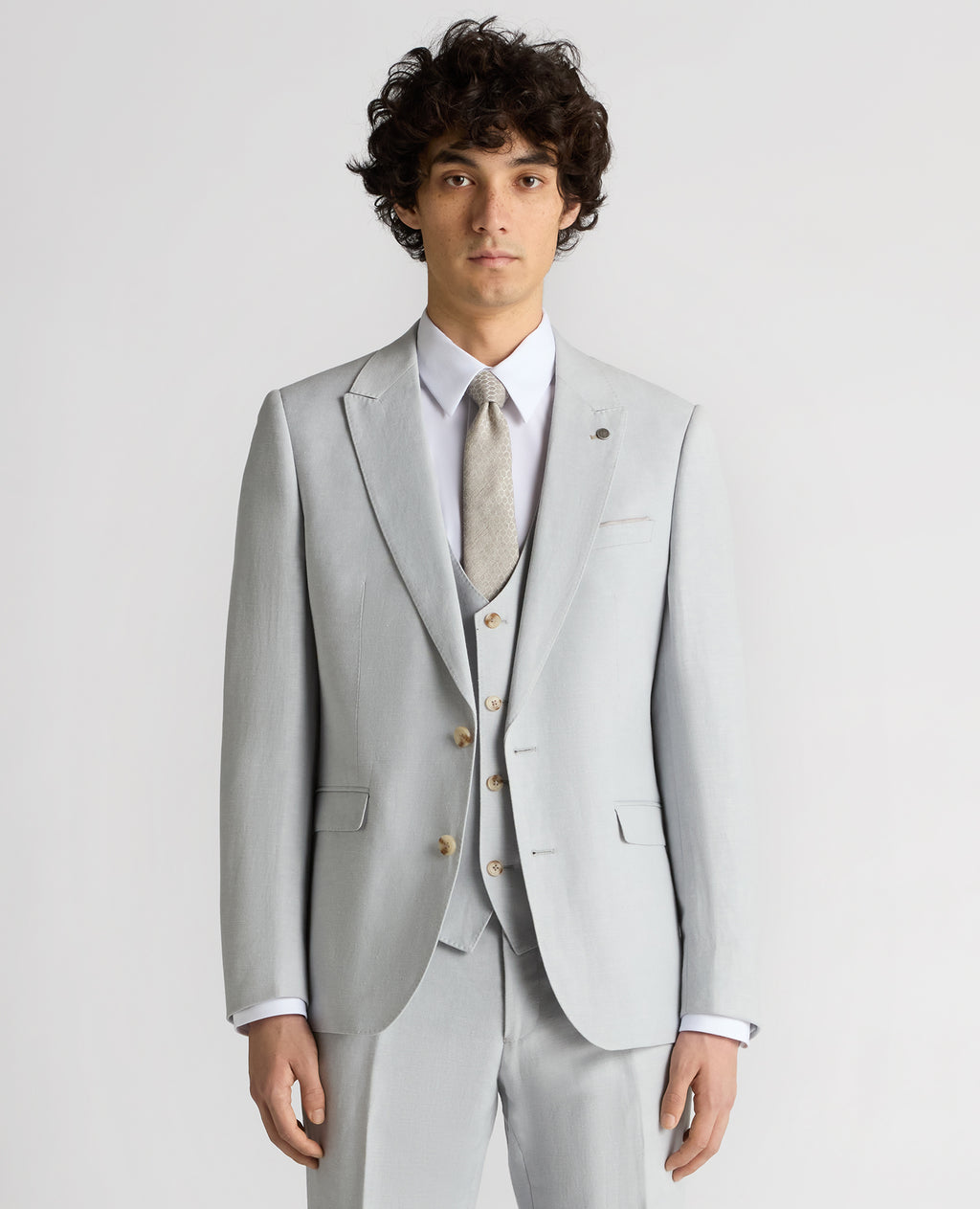 Tapered Fit Linen-Blend Suit Jacket - Light Blue