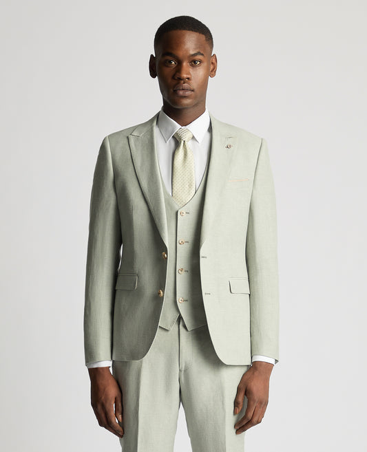 Tapered Fit Linen-Blend Suit Jacket - Light Green