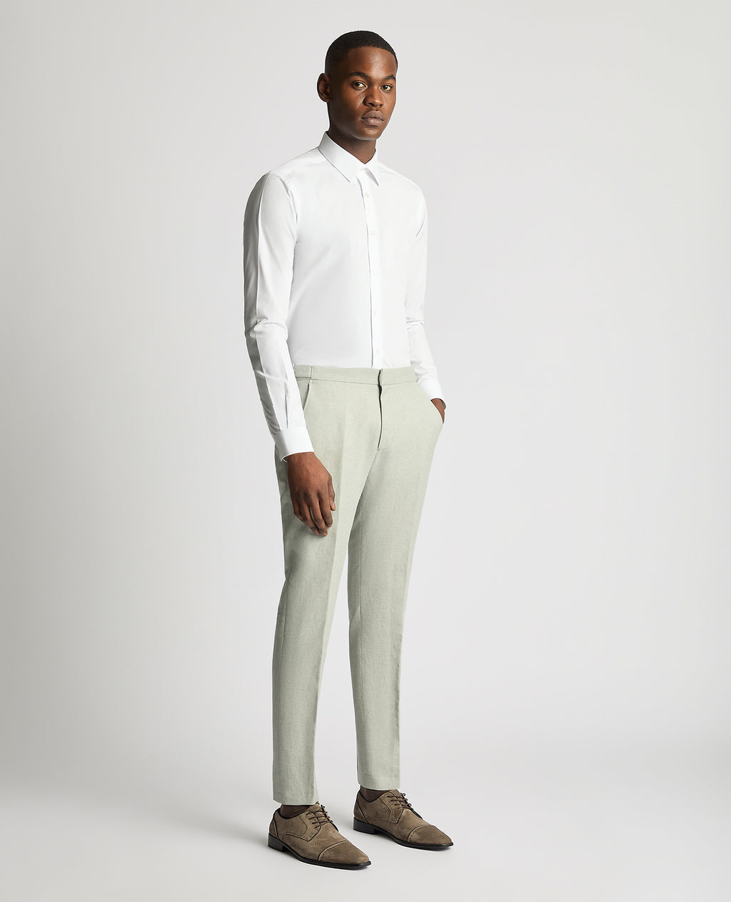 Slim Fit Linen-Blend Trousers - Light Green