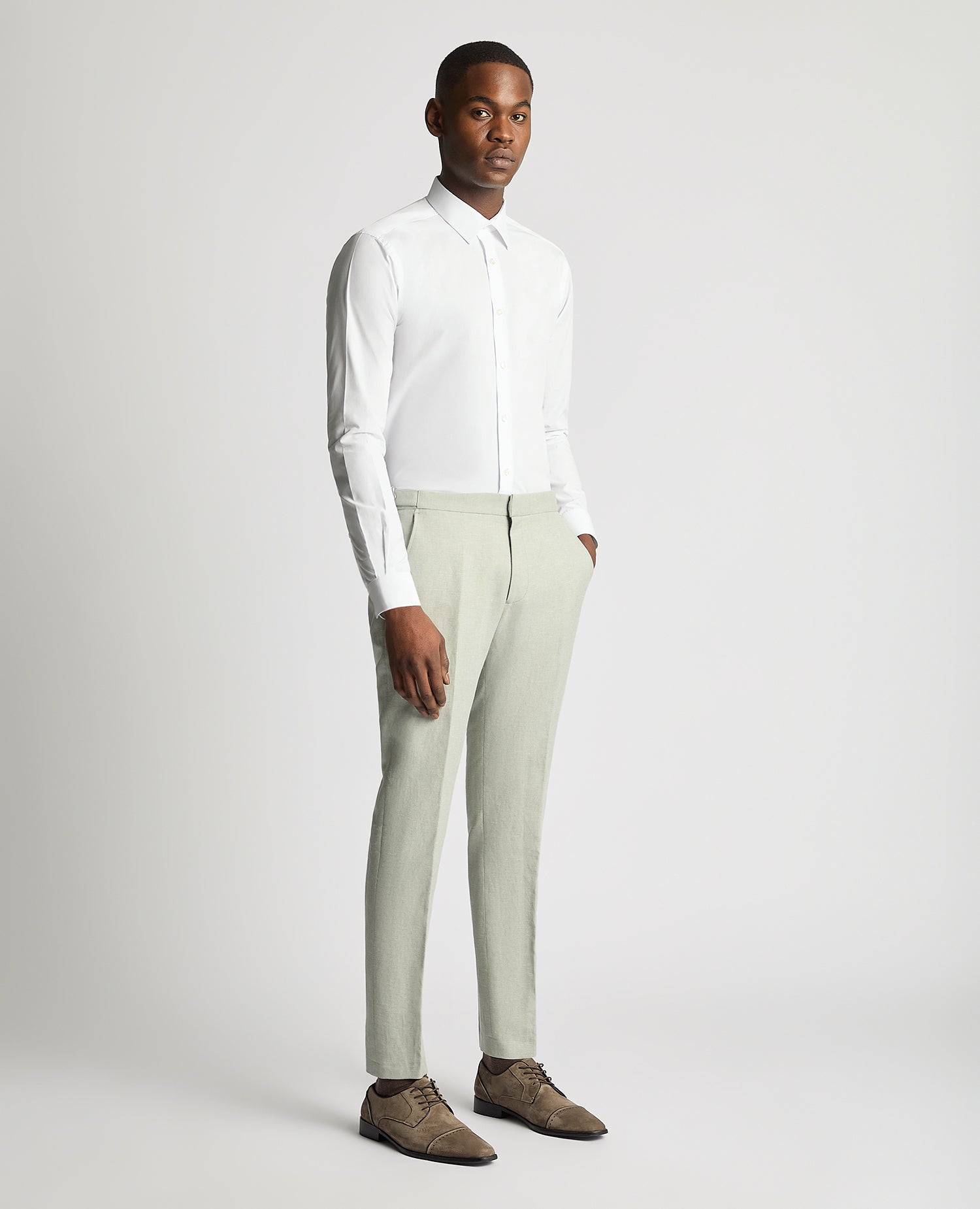 Slim Fit Linen-Blend Trousers - Light Green