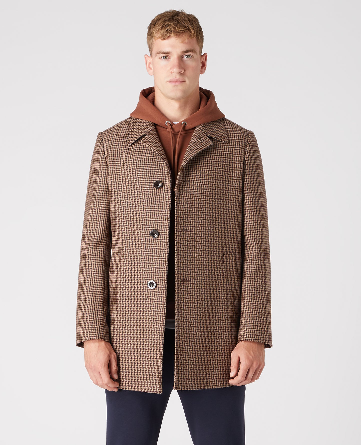 Tailored Fit Puppytooth Check Overcoat - Taupe