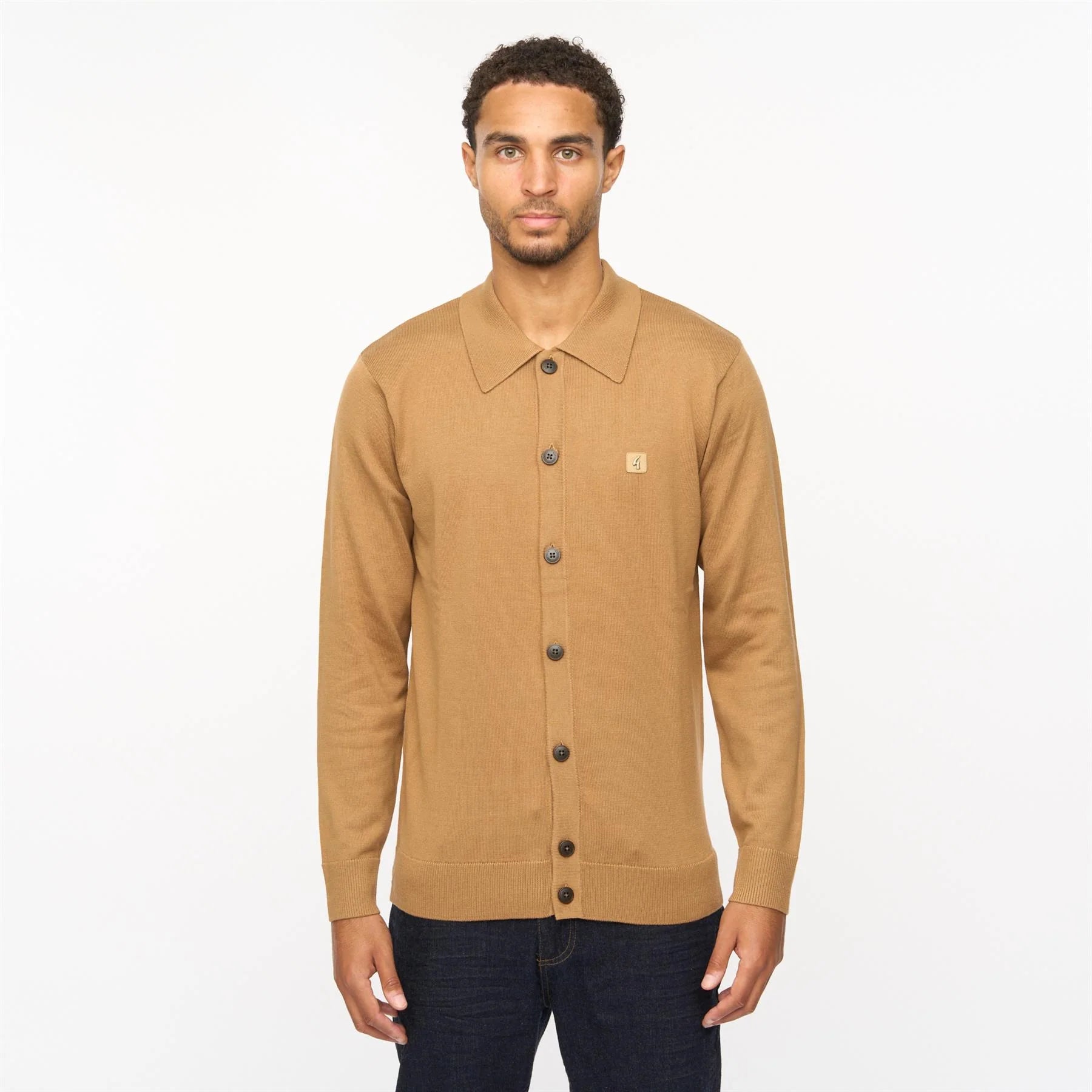 Plain Knitted Button-Through Polo - Nutmeg