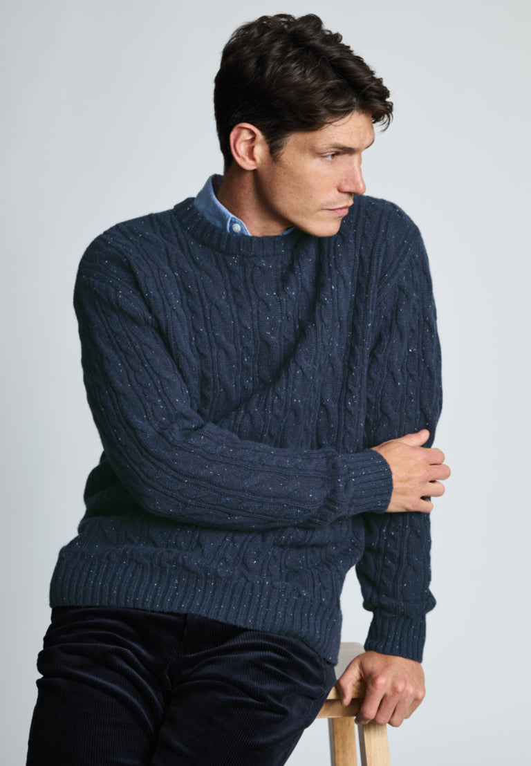 Lamb's Wool-Blend Cable Knit Allerford Jumper - Navy