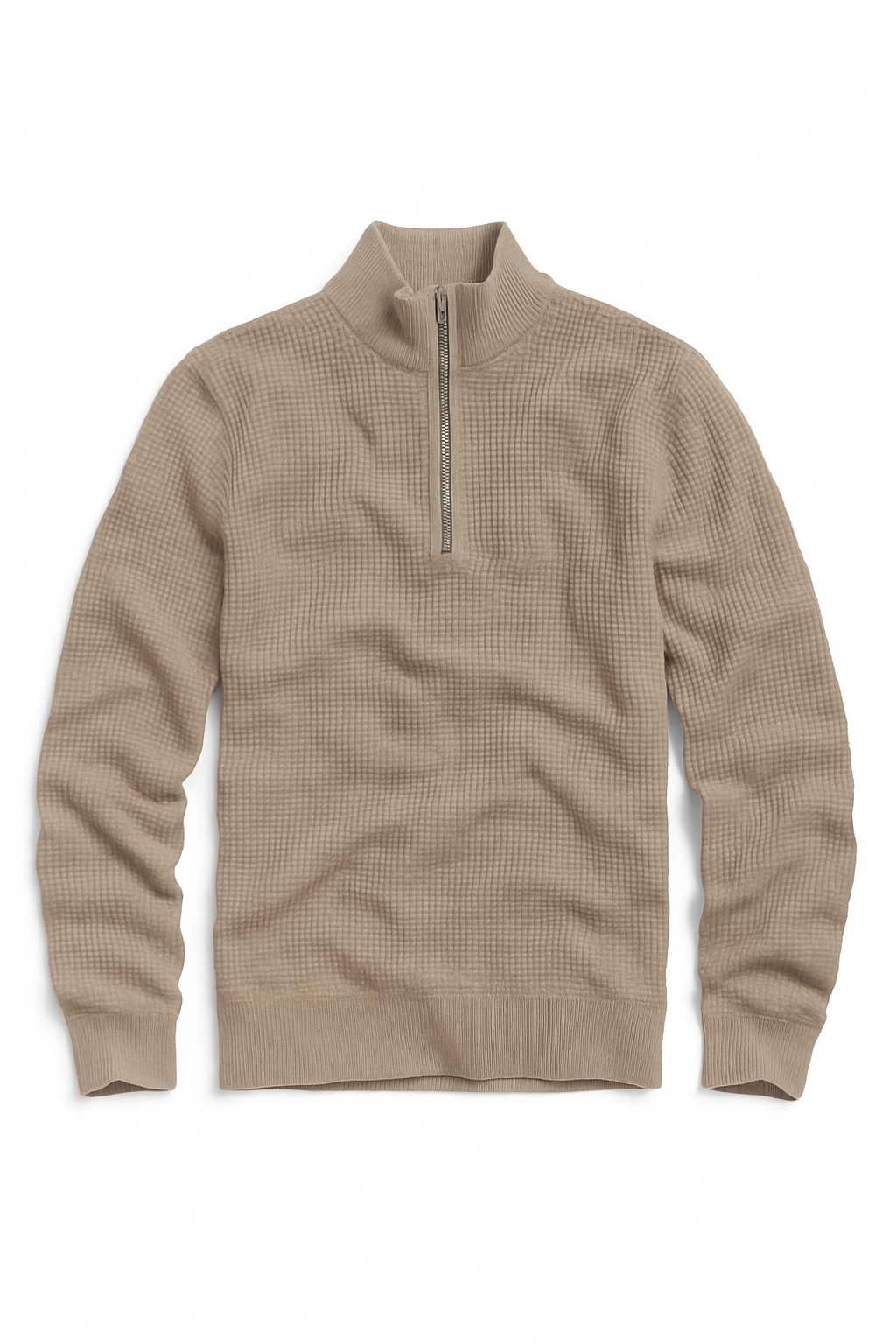 Textured Quarter-Zip Cotton Sweater – Beige