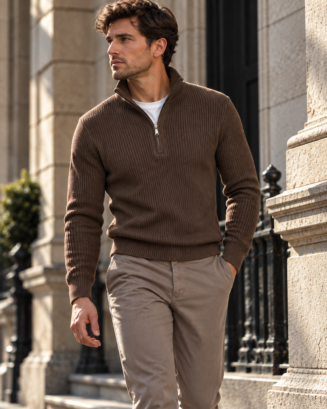 Pure Cotton Ribbed Quarter Zip - Chocolate Brown