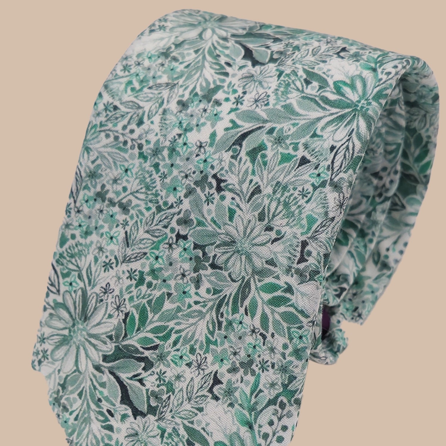 Floral / Bird Cotton Print Tie and Hankie - Sage on White