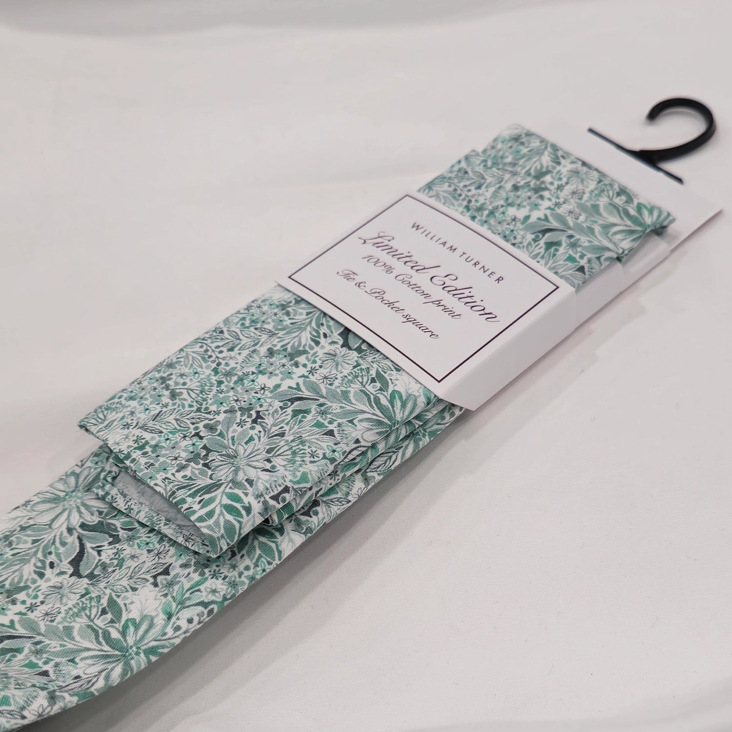 Floral / Bird Cotton Print Tie and Hankie - Sage on White