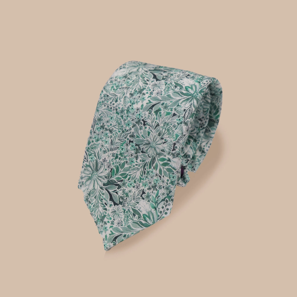 Floral / Bird Cotton Print Tie and Hankie - Sage on White