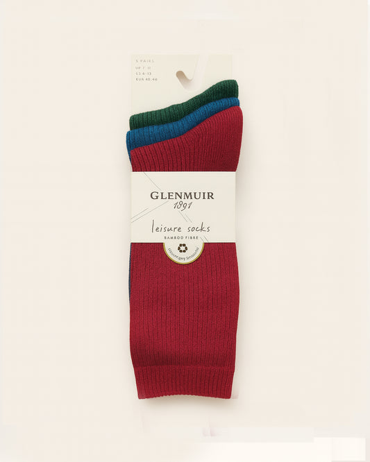 Men’s Bamboo Leisure Socks 3 Pack - Red / Blue / Green