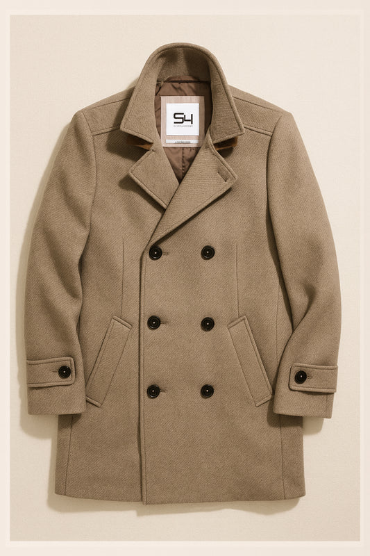 Wool Blend Double-Breasted Overcoat - Brown/ Beige