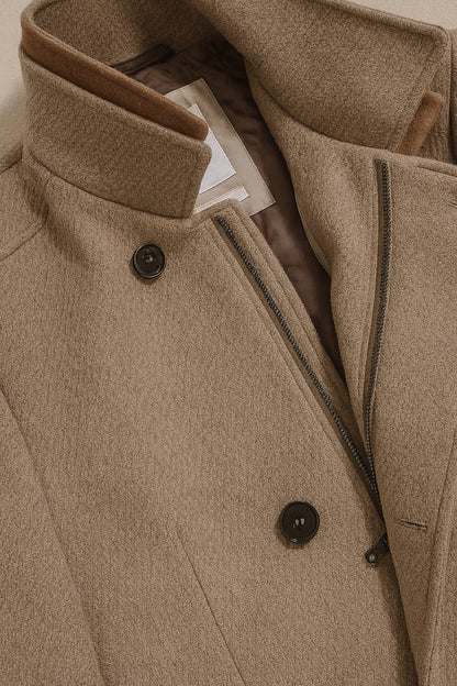 Wool Blend Double-Breasted Overcoat - Brown/ Beige