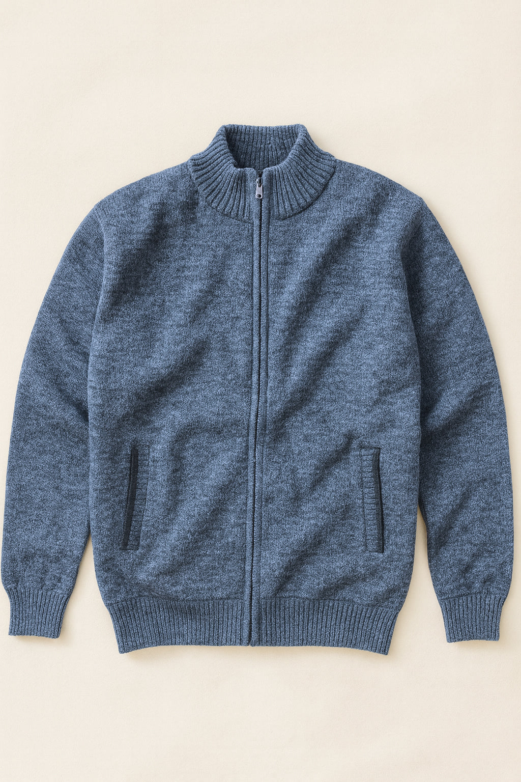 Chunky Knit Fleece-Lined Zip Cardigan - Denim
