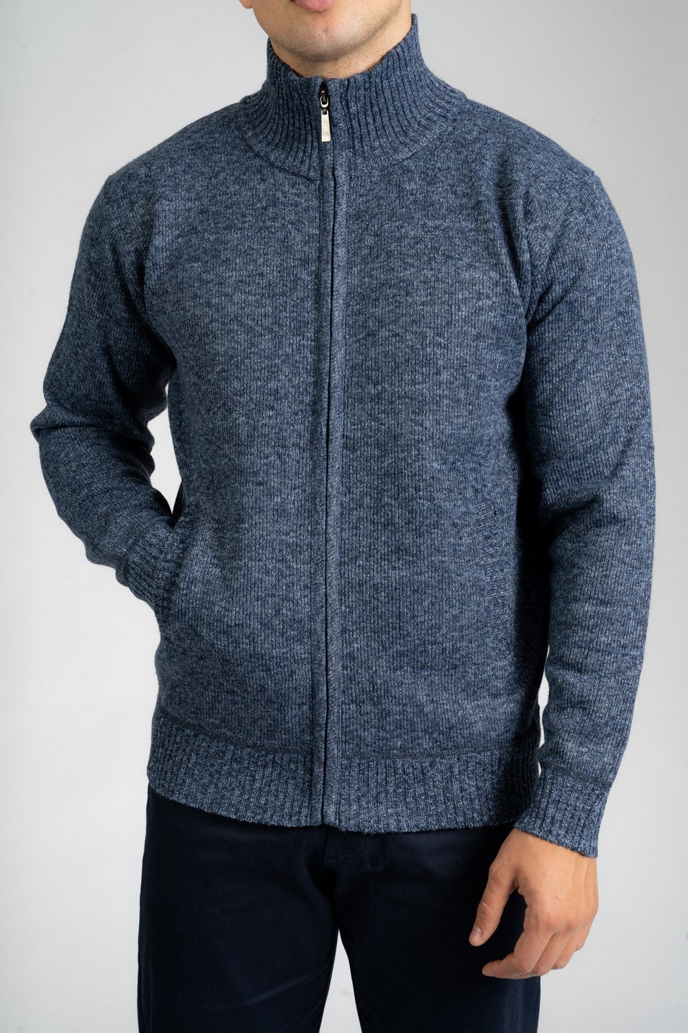 Chunky Knit Fleece-Lined Zip Cardigan - Denim