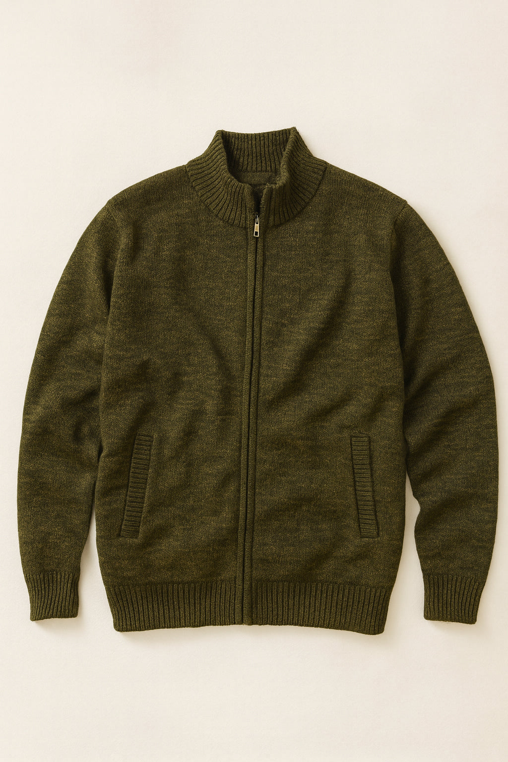 Chunky Knit Fleece-Lined Zip Cardigan - Olive