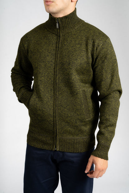 Chunky Knit Fleece-Lined Zip Cardigan - Olive