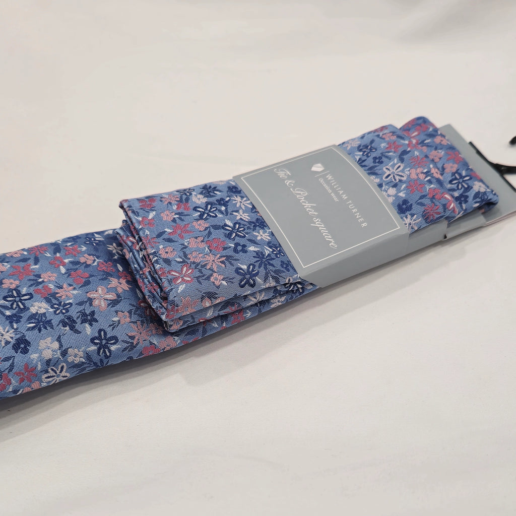 Mini Floral Print Tie and Hankie Set - Light Blue