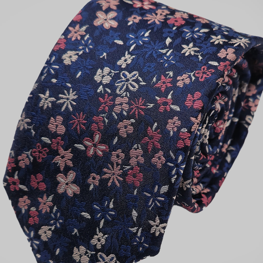 Mini Floral Print Tie and Hankie Set - Navy Pink