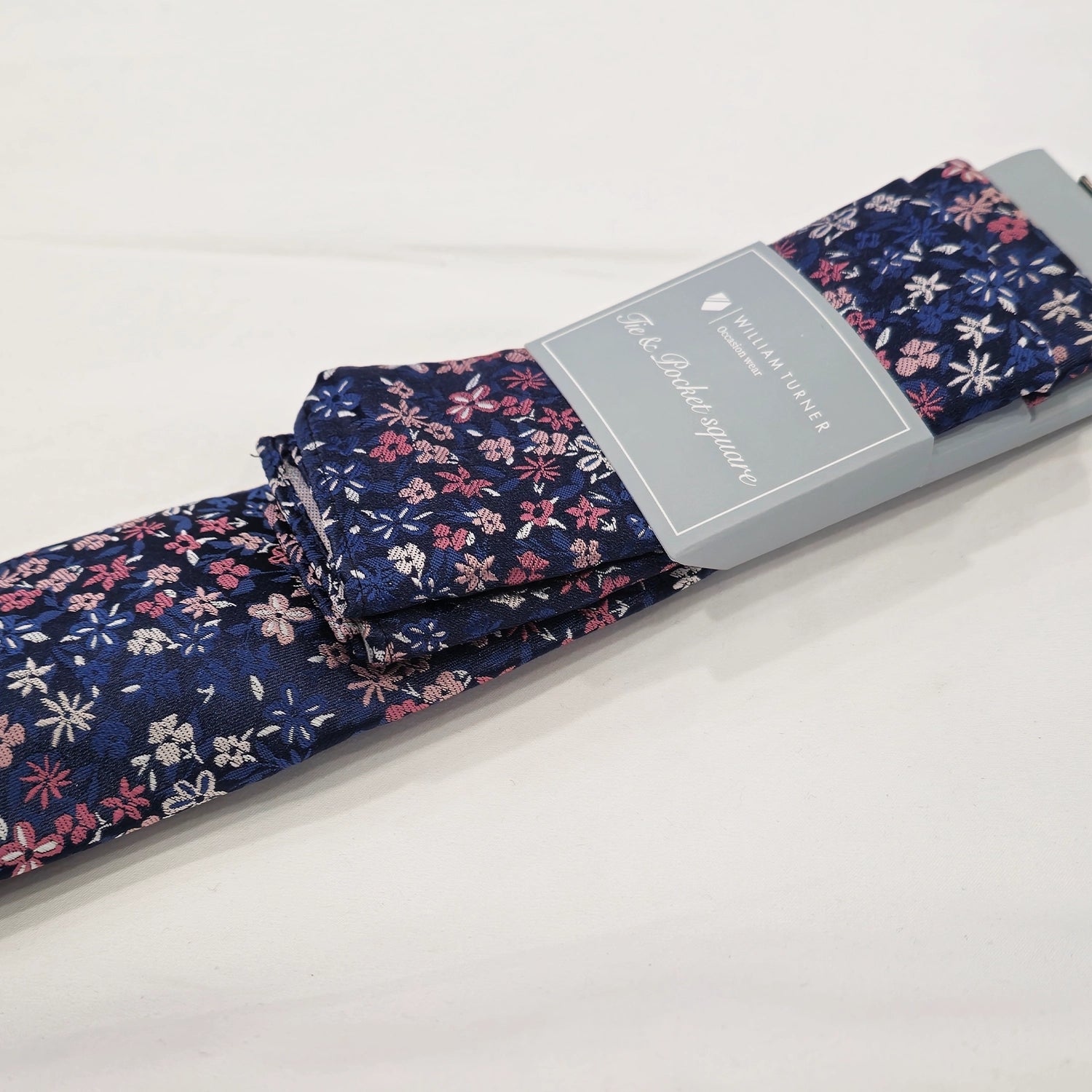 Mini Floral Print Tie and Hankie Set - Navy Pink