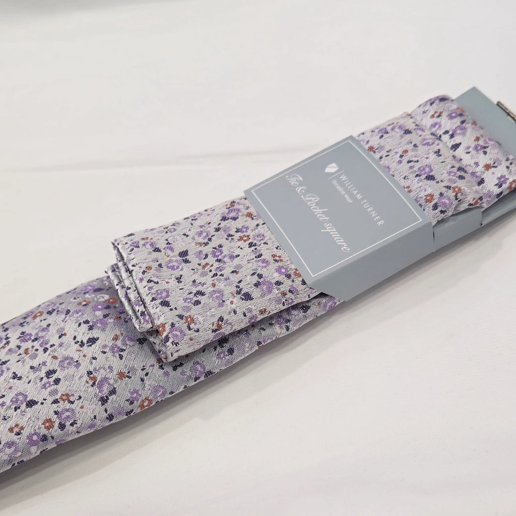 Mini Floral Print Tie and Hankie - Silver Lilac