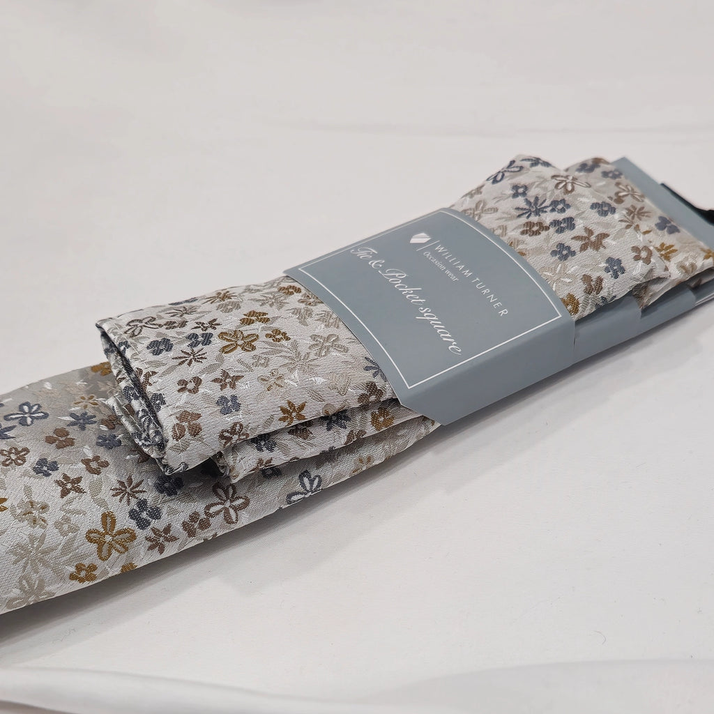 Mini Floral Print Tie and Hankie Set - Stone