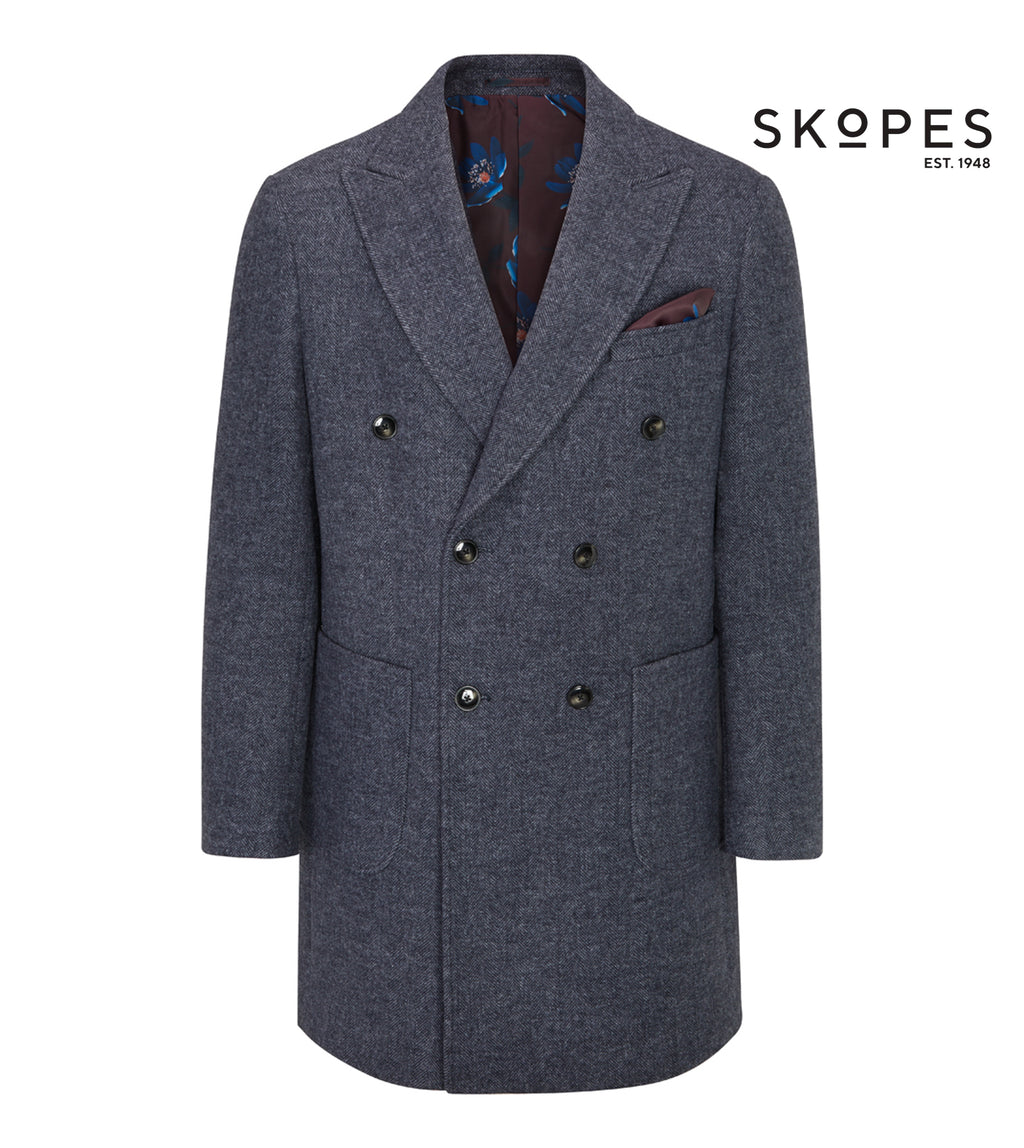 Edgley Herringbone Double Breasted Overcoat - Grey