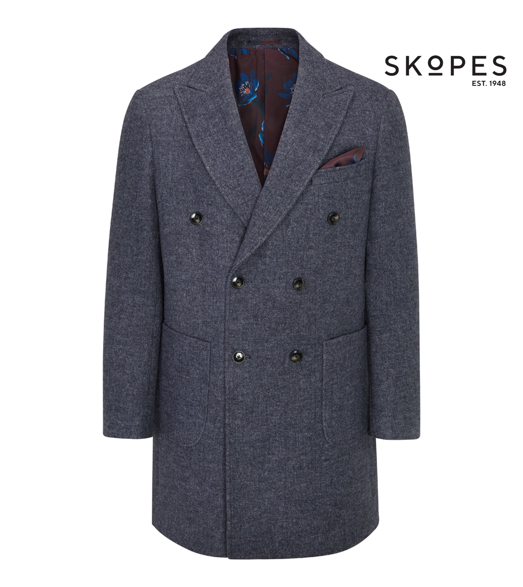 Edgley Herringbone Double Breasted Overcoat - Grey