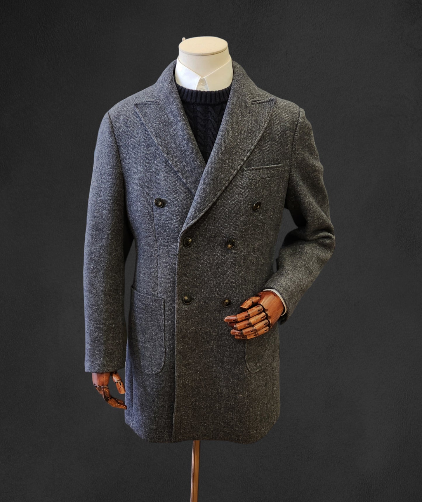 Herringbone Double Breasted Overcoat - Grey