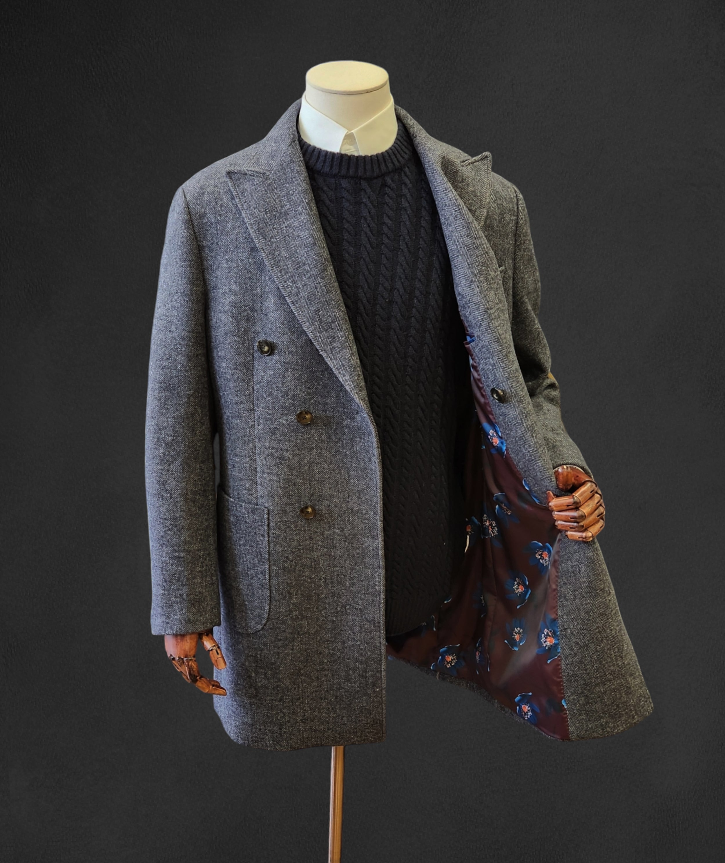 Edgley Herringbone Double Breasted Overcoat - Grey