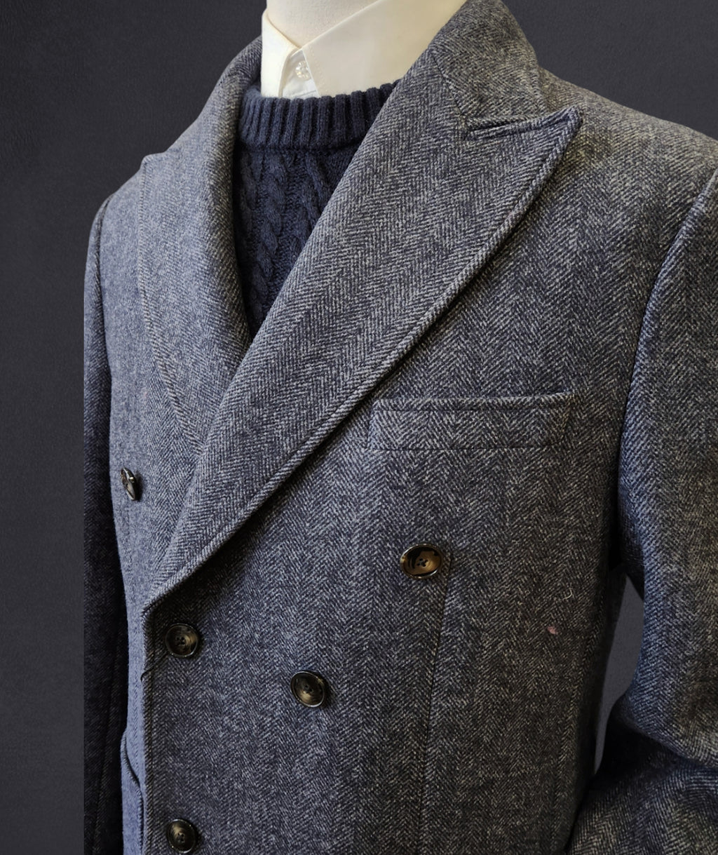 Edgley Herringbone Double Breasted Overcoat - Grey