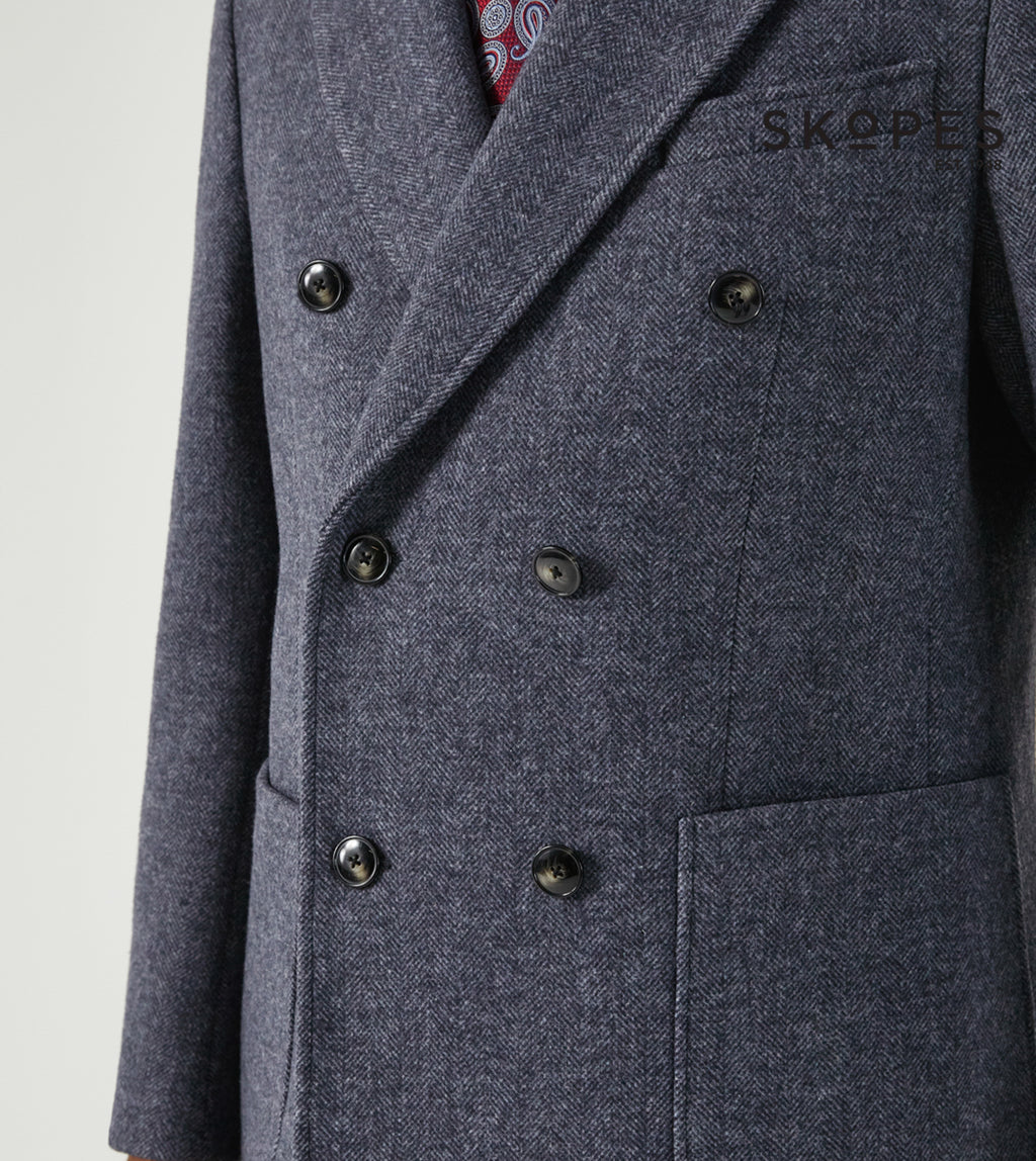 Edgley Herringbone Double Breasted Overcoat - Grey