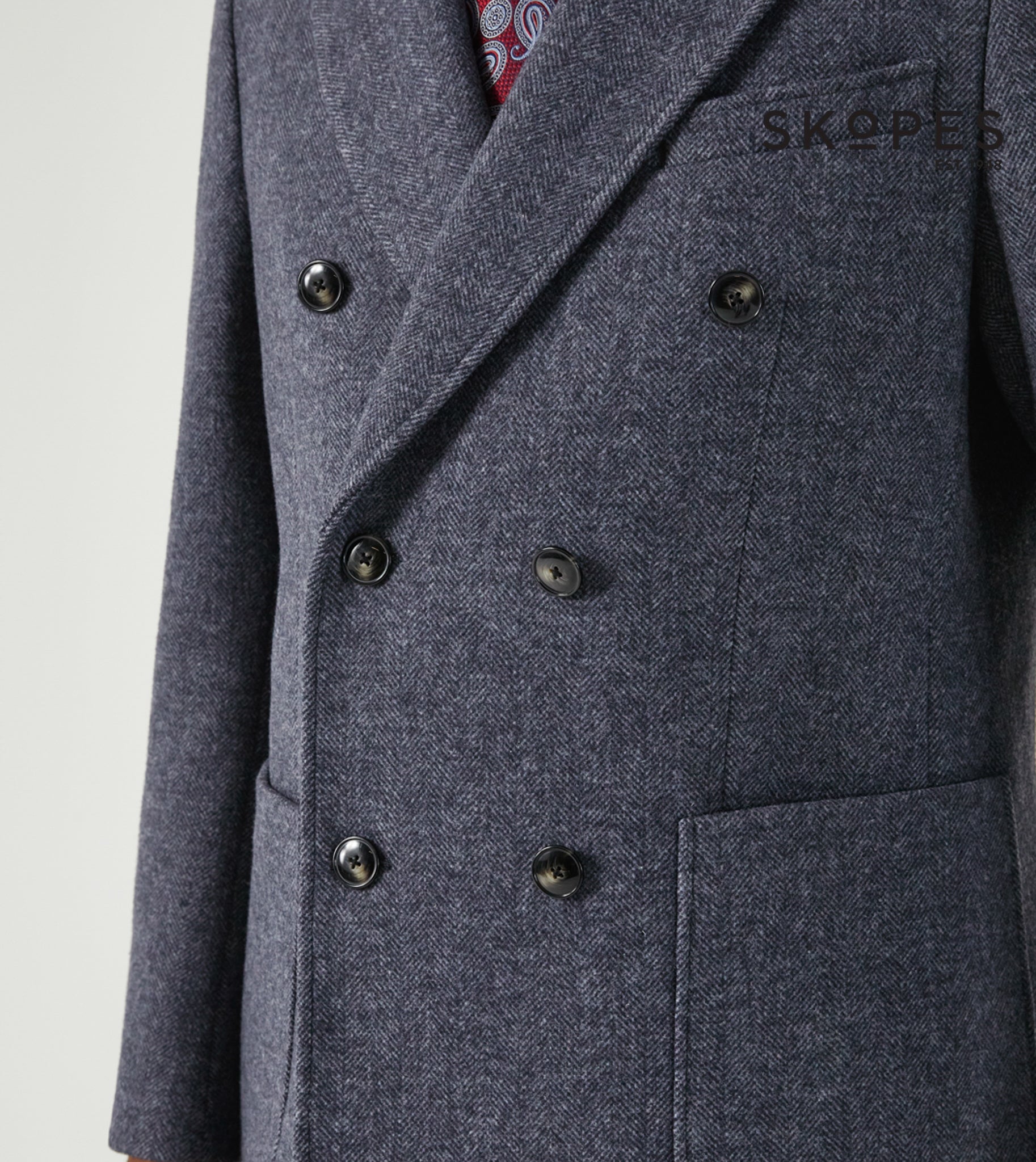 Edgley Herringbone Double Breasted Overcoat - Grey