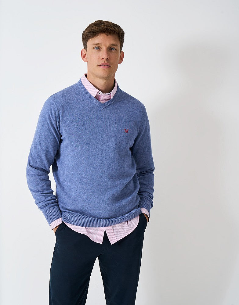 Organic Cotton V Neck Jumper in Blue Marl