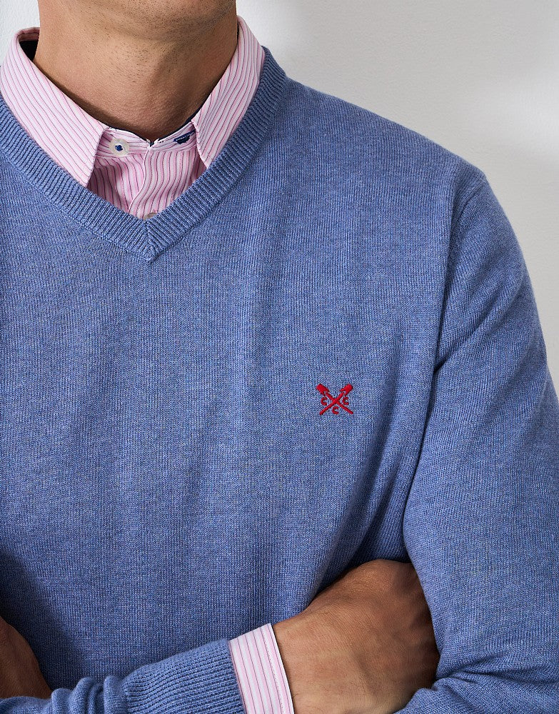 Organic Cotton V Neck Jumper in Blue Marl