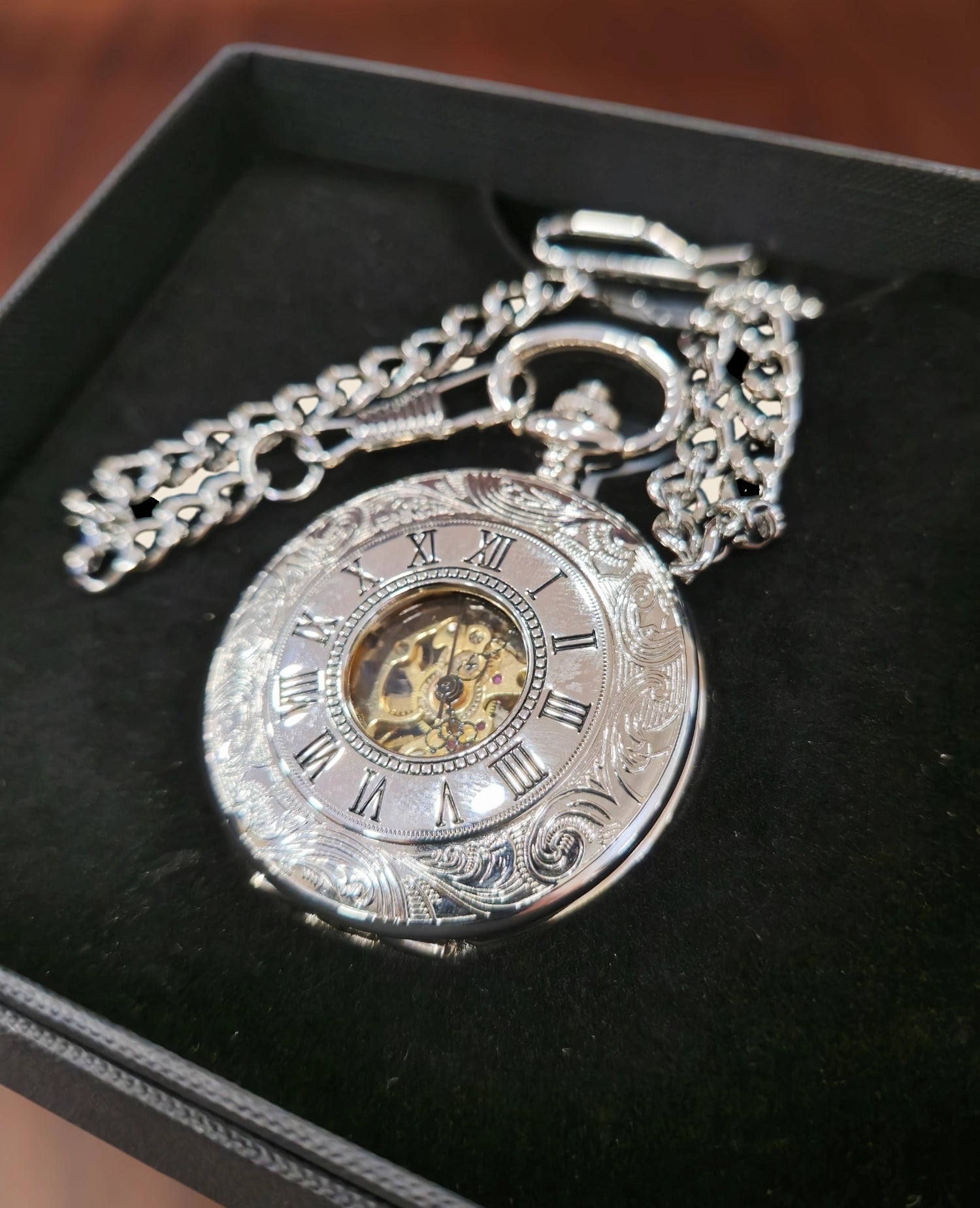 Silver Patterned Half Hunter Mechanical Pocket Watch