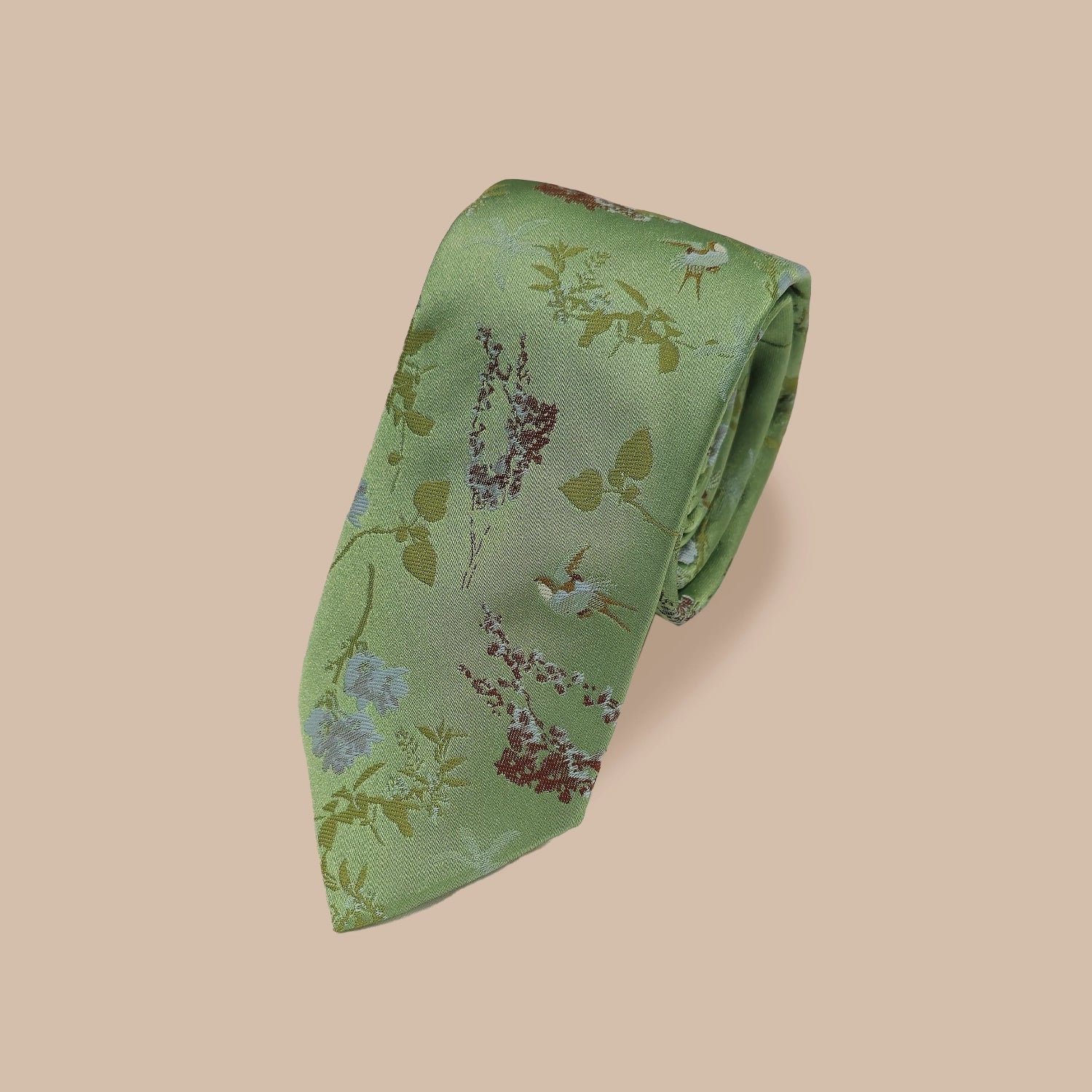 Oriental Floral Tie and Hankie - Light Green