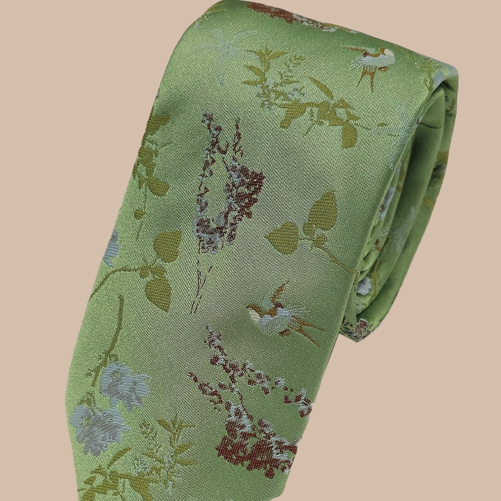 Oriental Floral Tie and Hankie - Light Green