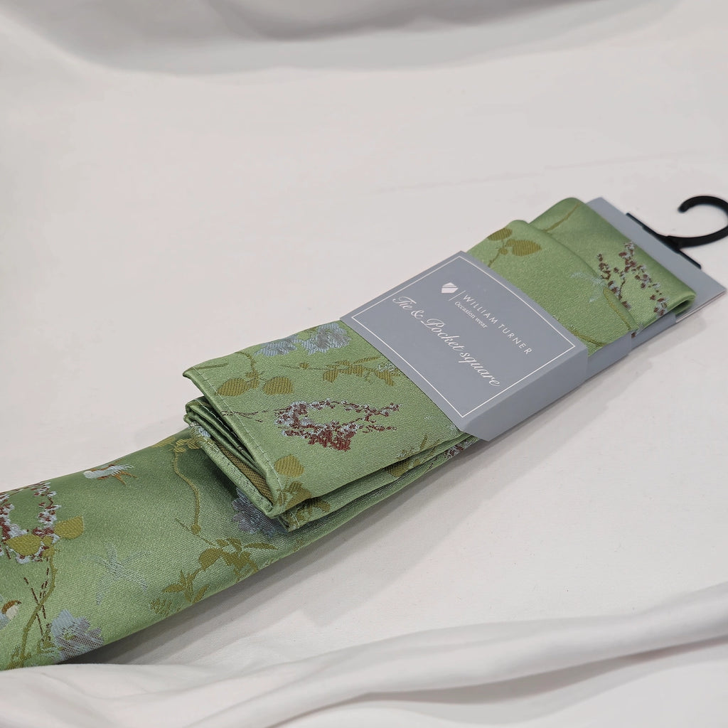 Oriental Floral Tie and Hankie - Light Green