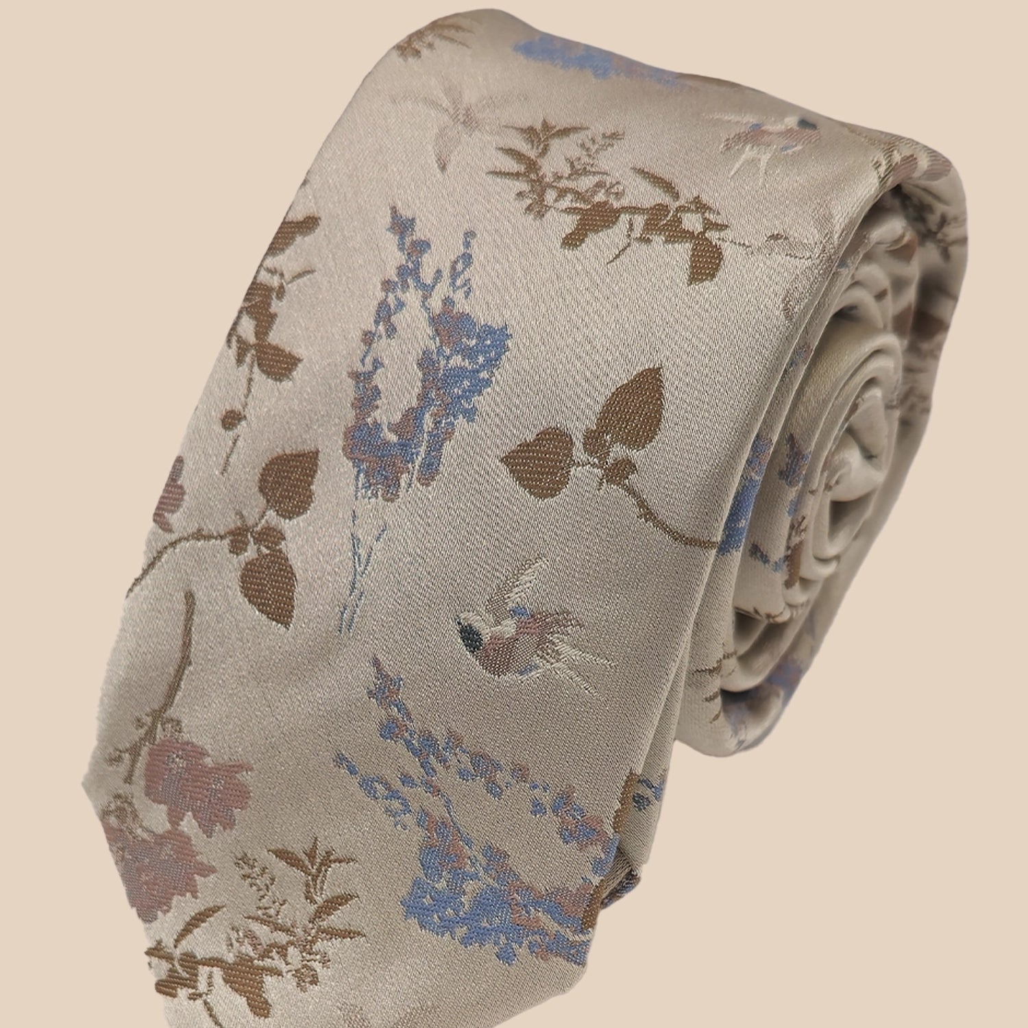 Oriental Floral Tie and Hankie - Stone