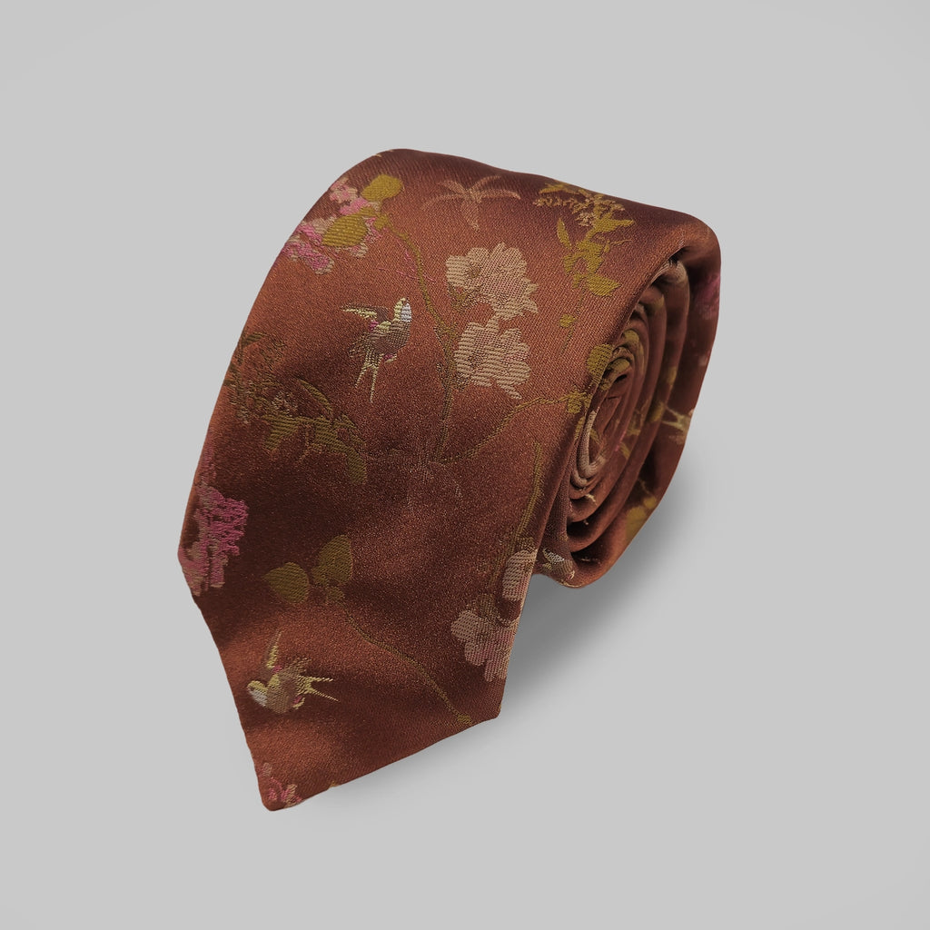 Oriental Floral Tie and Hankie - Tan