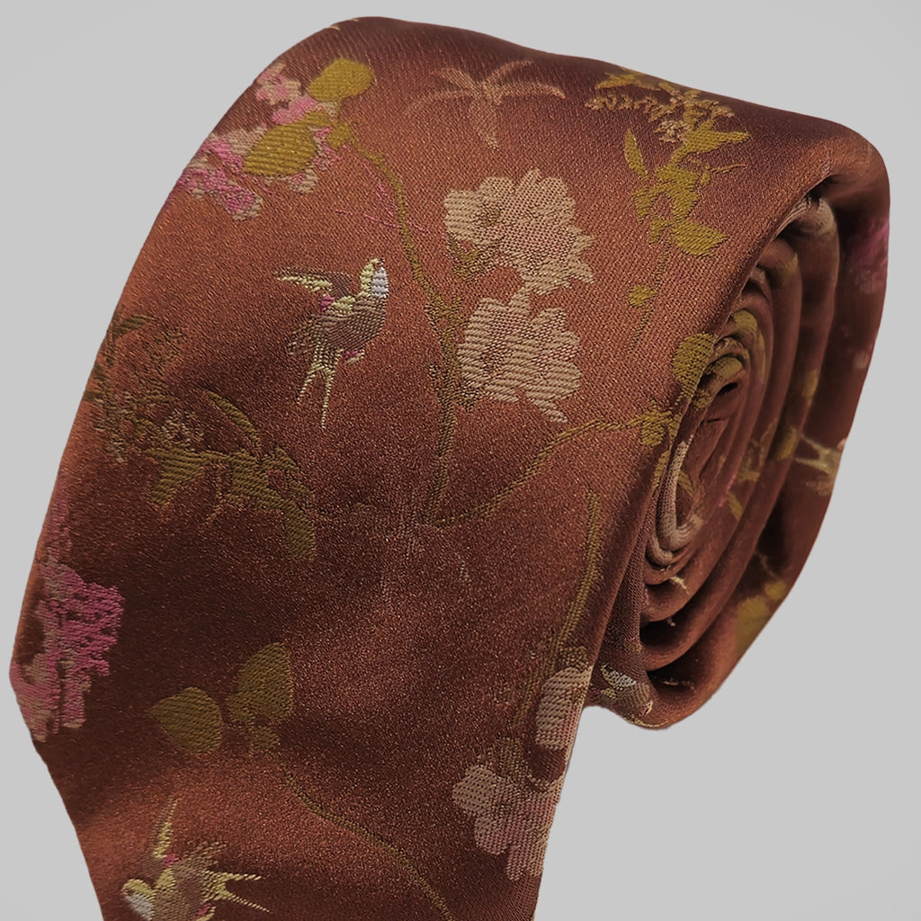 Oriental Floral Tie and Hankie - Tan