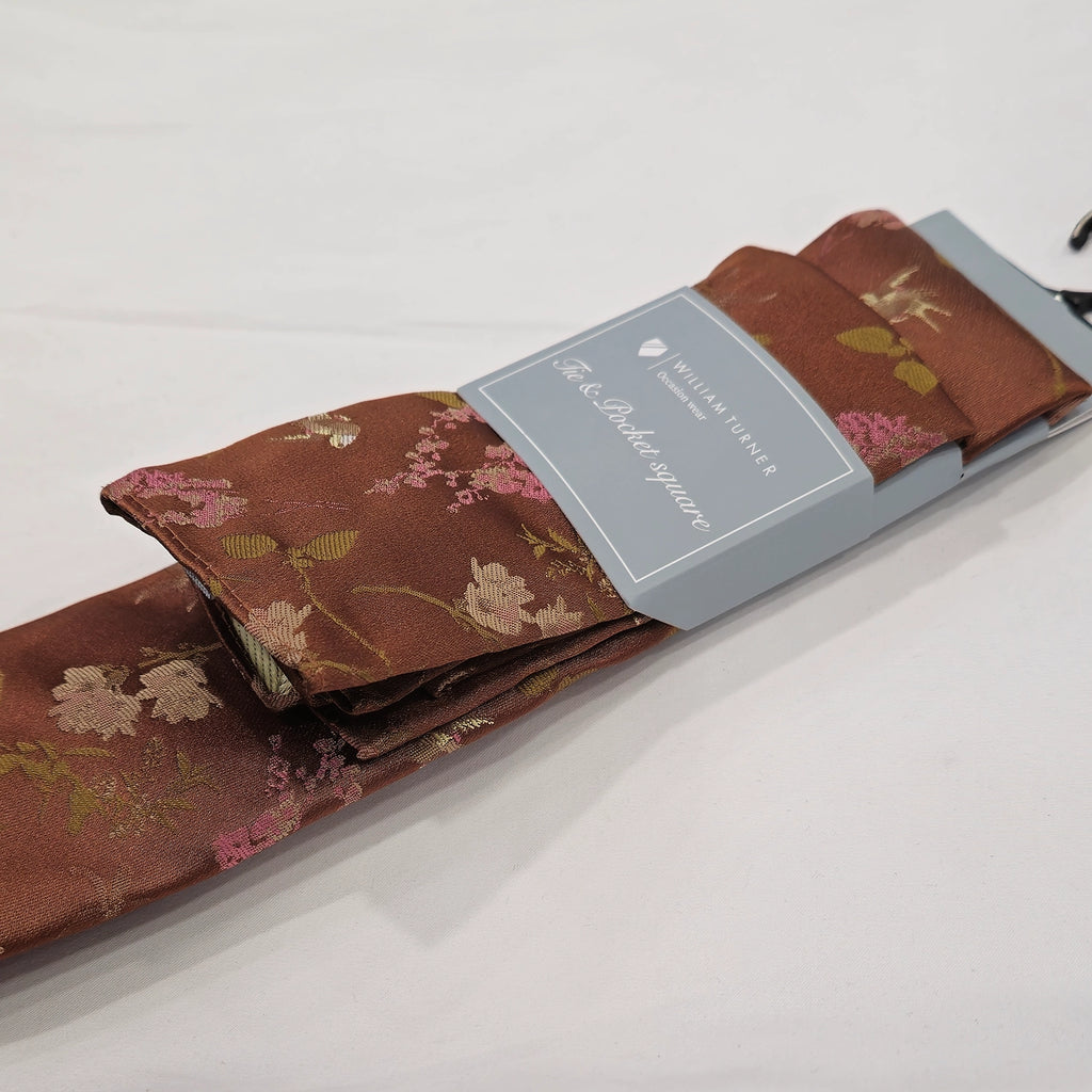 Oriental Floral Tie and Hankie - Tan