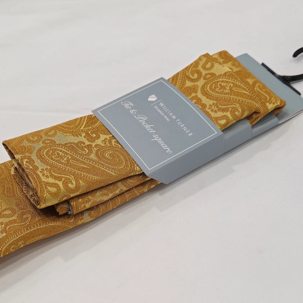Paisley Print Tie and Hankie Set - Rich Gold